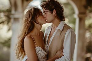 ai genererad en par djupt i kärlek delning en anbud kyss, internationell kissing dag bild foto