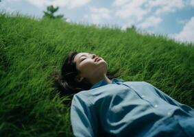 ai genererad kvinna avkopplande på grön gräs under de öppen himmel, meditativ scener för värld sömn dag, lugn landskap, uppmärksam resten foto
