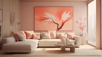 ai genererad levande rum interiör i en modern stil i persika toner foto