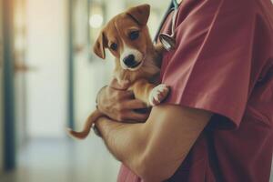 ai genererad beskurna skott av veterinär innehav valp i händer och foto