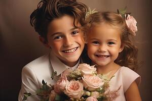 ai genererad glad par pojke och flicka med en skön bukett av blommor, kärlek, valentines dag foto