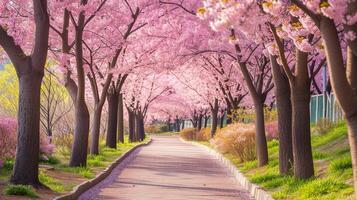 ai genererad båge av körsbär blommar över en väg i en parkera på solnedgång foto