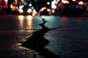ai genererad spricka i de asfalt på de stad motorväg på natt efter de jordbävning foto