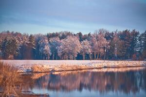 snö och is på fält och flod i vinter- foto