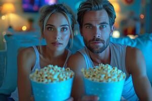 ai genererad man och kvinna tittar på tv, Sammanträde på soffa i blå levande rum, äter popcorn foto