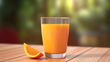 ai genererad färsk orange juice på trä- tabell, en friska sommar förfriskning genererad förbi ai foto