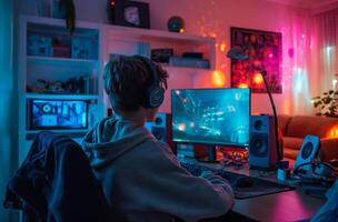 ai genererad Tonårs Pojkar gaming uppstart foto