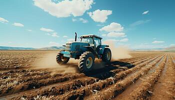 ai genererad arbetssätt jordbrukare plogar smuts, skörd vete under sommar blå himmel genererad förbi ai foto