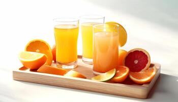 ai genererad färsk orange skiva i glas, en uppfriskande sommar dryck genererad förbi ai foto