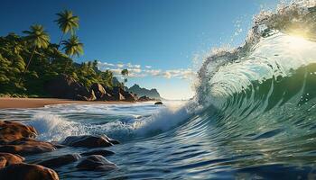 ai genererad solnedgång surfare rida vågor på maui tropisk kustlinje, stänk roligt genererad förbi ai foto