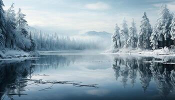 ai genererad lugn vinter- landskap snö täckt berg, isig reflexion, fredlig tystnad genererad förbi ai foto