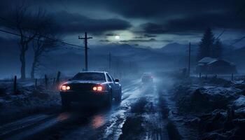 ai genererad bil hastigheter genom mörk natt, dimmig landskap, på våt asfalt genererad förbi ai foto