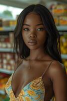 ai genererad skön afrikansk amerikan kvinna med lång hår bär en klänning i en matvaror Lagra i Amerika, 2020-talet foto