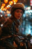 ai genererad porträtt av en ung cyklist kvinna i regnig väder foto