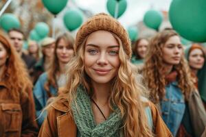 ai genererad kvinnor innehav grön flaggor och ballonger på en samling på internationell kvinnor dag foto