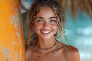 ai genererad ung kvinna på de strand, strålande glädje som hon innehar en surfbräda, fångande de väsen av exotisk skönhet foto