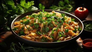 ai genererad friskhet och friska äter på en hemlagad vegetarian pasta sallad genererad förbi ai foto