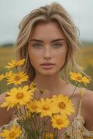 ai genererad ung caucasian kvinna innehav gul blomma bukett foto