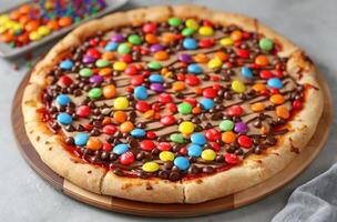 ai genererad färgrik godis choklad pizza foto