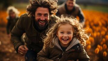 ai genererad leende barn och far, glad familj njuter natur tillsammans genererad förbi ai foto