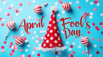 ai genererad april dåre dag firande med polka punkt fest hatt och färgrik konfetti. foto