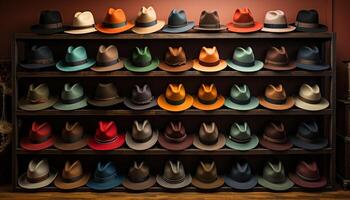 ai genererad modern män samling cowboy hatt, fedora, kastare hatt, panama hatt genererad förbi ai foto