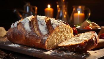 ai genererad nyligen bakad bröd på en trä- tabell, en rustik gourmet måltid genererad förbi ai foto
