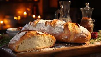 ai genererad nyligen bakad ciabatta limpa på rustik trä- tabell, hemlagad gourmet genererad förbi ai foto