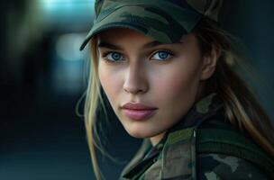 ai genererad ung kvinna i militär enhetlig foto