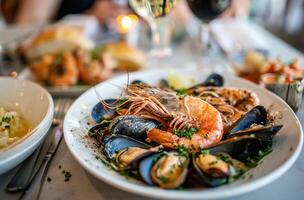 ai genererad skaldjur maträtt i en franska restaurang foto