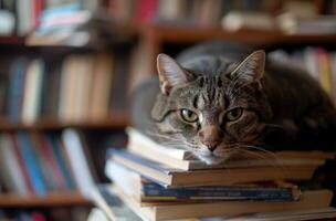 ai genererad tabby katt lögner på en bok foto