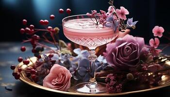 ai genererad romantisk firande vin, choklad, blommor, efterrätt, elegans, kärlek genererad förbi ai foto