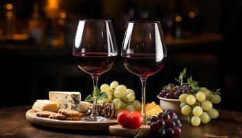 ai genererad gourmet måltid, vinglas, röd vin, färsk frukt, lyx, firande genererad förbi ai foto