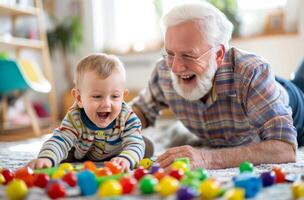 ai genererad farfar och barnbarn med färgrik block foto