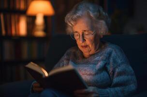 ai genererad äldre lady läsning en bok foto