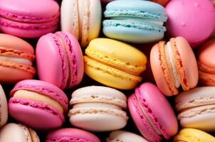 ai genererad lockande färgrik macarons bakgrund. generera ai foto