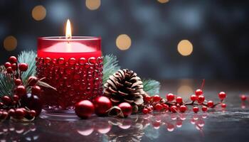 ai genererad vinter- firande ljus flamma tänds jul träd på tabell genererad förbi ai foto