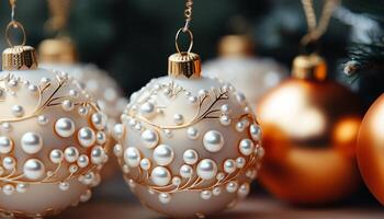 ai genererad glad firande jul prydnad dekorerar träd med vibrerande elegans genererad förbi ai foto