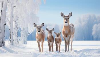 ai genererad söt hind stående i snöig skog, ser på kamera genererad förbi ai foto