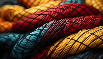 ai genererad abstrakt mönster av mång färgad tråd på en spole, vävd textil- genererad förbi ai foto