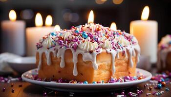 ai genererad födelsedag kaka med ljus, glasyr, choklad, och färgrik dekorationer genererad förbi ai foto