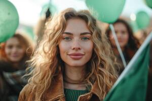 ai genererad kvinnor innehav grön flaggor och ballonger på en samling på internationell kvinnor dag foto