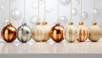ai genererad vinter- firande skinande guld ornament i en rad, vibrerande färger genererad förbi ai foto
