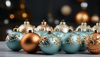 ai genererad jul prydnad dekoration, vinter- firande, skinande guld boll på blå bakgrund genererad förbi ai foto