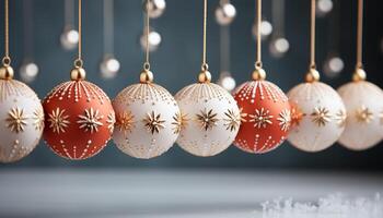 ai genererad jul prydnad dekoration hängande i en vibrerande blå bakgrund genererad förbi ai foto