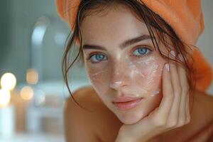 ai genererad skönhet rutin- kvinna applicering kosmetisk olja till henne ansikte foto