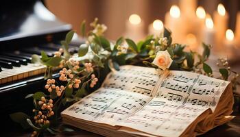 ai genererad en musiker spelar piano, omgiven förbi ark musik och blommor genererad förbi ai foto