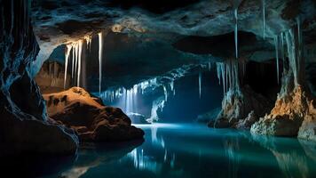 ai genererad gåtfull grottor stalaktiter och stalagmiter i underjordiska djup foto