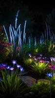 ai genererad lysande trädgårdar upplyst botanisk visas efter mörk foto