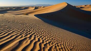 ai genererad öken- drömmar ändlös sandstrand skiftande under omfattande blå himmel foto